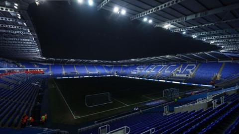 A general view of the SCL Stadium in Reading before the match against Shrewsbury on 11 February 2025. About half of the lights appear to be on in the stadium at the time.