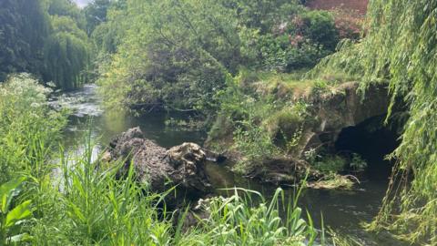 Collapsed stone bridge over the River Perry. Trees and shrubs line the river. There's a red brick building close to the bridge, on the far side of the river. 