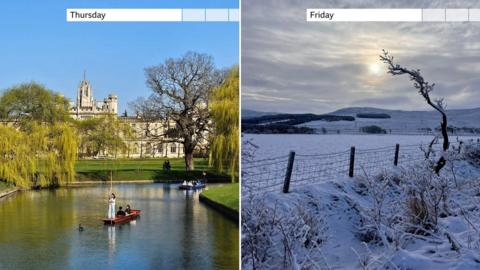 A photo showing Thursday's warm sunshine and Friday's hill snow
