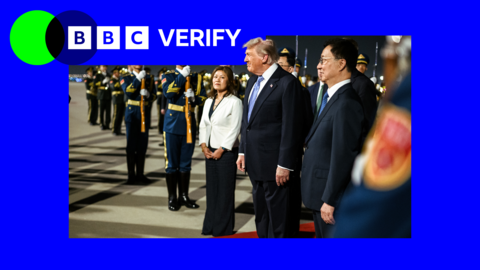President Donald Trump is welcomed after arriving in Beijing ahead of a landmark state visit in China. There is blue and green BBC Verify branding on the top left.