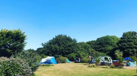 A photo of the campsite. There are green bushes on the left and a blue tent as well as cars with their boots open.