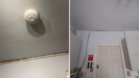 A smoke detector on a ceiling which has been put there using AI - and the actual ceiling without a smoke detector. 