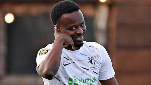 Fumpa Mwandwe of Cardiff Met celebrates at Caernarfon