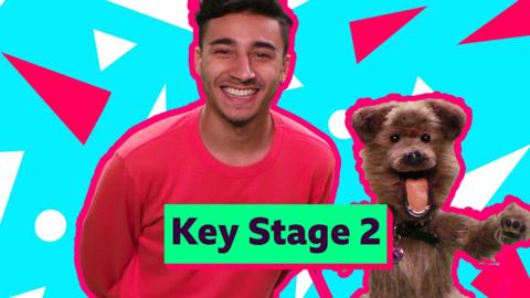 CBBC HQ's Hacker T. Dog and Karim Zeroual looking to camera on a blue background.
