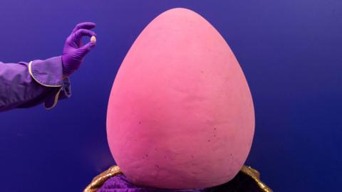 A giant pink mini egg sits on a purple blanket, with a purple back drop. the arm and hand of a person in a purple jacket and glove can be seen, holding up a normal sized mini egg.