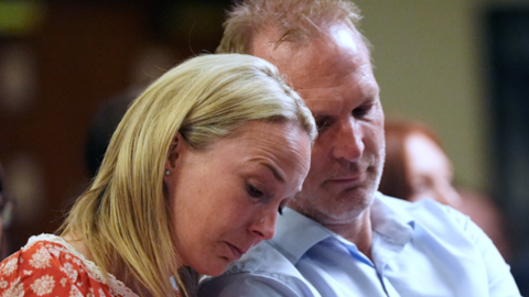 Sarah and Jack Hawkins comfort each other at the Nottingham maternity review conference at the Crowne Plaza Hotel in Nottingham on 24 June 2026.