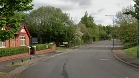 A street with houses on the left side and a small grassy area