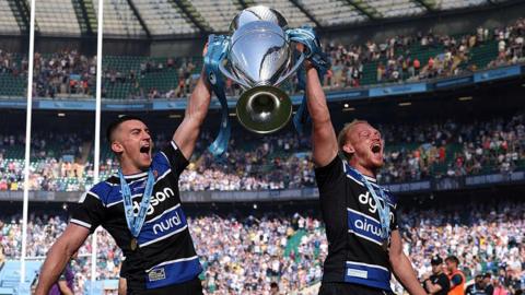 Bath's Cameron Redpath and Miles Reid lift the Premiership title at Twickenham in June