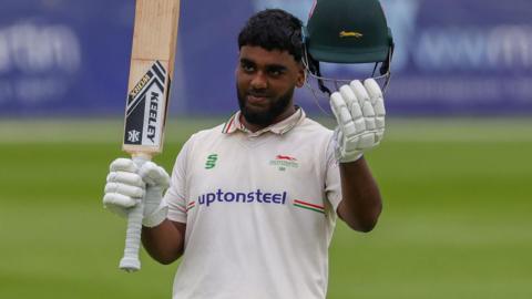 Rehan Ahmed celebrates scoring century