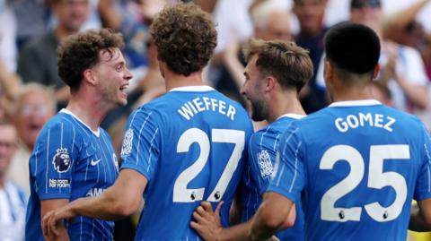Maxim De Cuyper of Brighton and Hove Albion celebrates scoring his team’s second goal with teammates