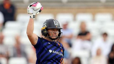 Nadine de Klerk celebrates hitting the winning runs for London Spirit v Trent Rockets