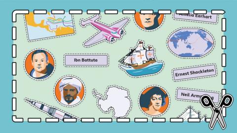 Cartoon icons and name labels for explorers such as Neil Armstrong, Amelia Earheart, Ibn Batutta plus boats, maps, planes.