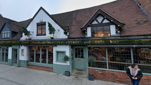 A Google maps image of the Peach Tree restaurant. It has green and white paint on the outside and large glass windows.