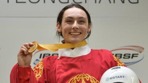 British skeleton racer Freya Tarbit with her maiden World Cup medal