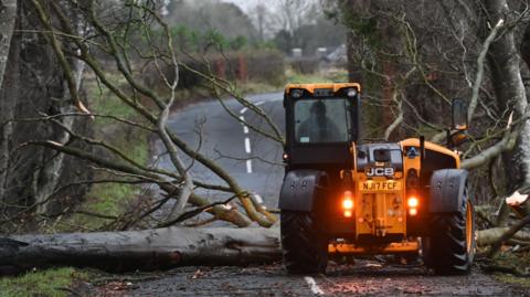 A tree has been uprooted and fallen into the road. A worker is using an orange coloured JCB machinery to clear the blockage. On either side of the road is dark green trees.