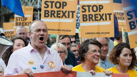 Lib Dem leader Ed Davey marching with activists at an anti-Brexit rally in 2019