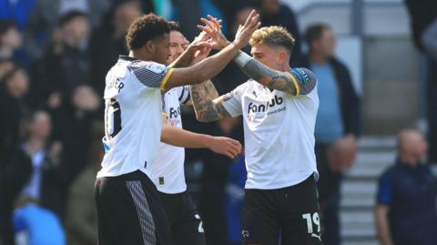 Derby celebrate a goal against Birmingham 