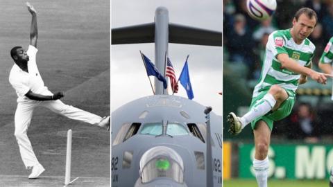 A black and white image of Syd Lawrence bowling in a cricket team, a large grey US military plane and Marcus Stewart kicking a ball during a game.