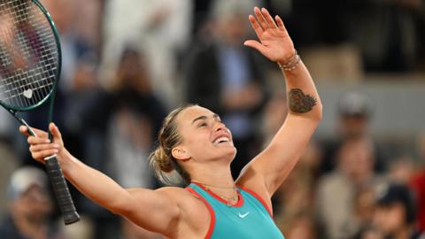 Aryna Sabalenka celebrates after beating Iga Swiatek in the French Open semi-finals