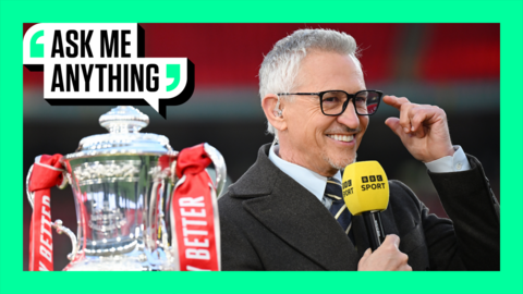 Gary Lineker holding a BBC Sport microphone, next to the FA Cup