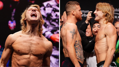 Split image of Paddy Pimblett shouting and smiling as he faces off with Justin Gaethje