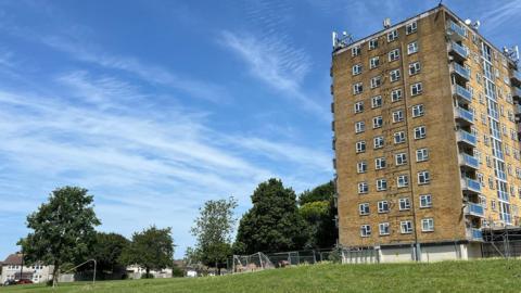 A red brick tower block with grassy park in front. A blue sky above. Some trees around too and a residential area in the distance.