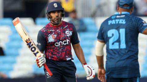 Ravi Bopara celebrates scoring 50 for Northamptonshire Steelbacks in their victory over Derbyshire Falcons