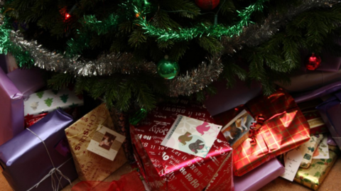 The colourful presents were tucked under the tree which was decorated with silver tinsel and baubles.