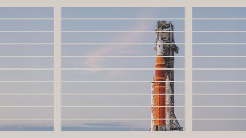 Artemis on a launchpad with a stylised grid in front 