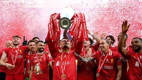Liverpool captain Virgil van Dijk lifts the Premier League trophy after the game against Crystal Palace at Anfield
