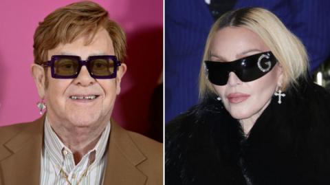 A composite image shows Sir Elton John, wearing a brown suit and purple sunglasses, next to Madonna who wears a black coat and dark sunglasses