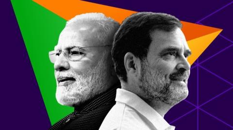 Narendra Modi and Rahul Gandhi against a colourful backdrop