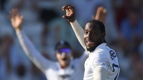 England fast bowler Jofra Archer celebrates taking a wicket