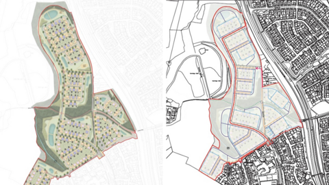 Two images of a planning outline for a housing estate, shaped with a large area of housing at the bottom, and a longer curved stretch of housing extending from it.