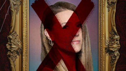 Portrait of Charlie Tee with a red X in a gold, Traitors-style photo frame