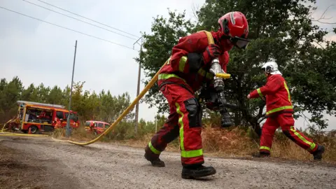 A firefighter pulls a hose over their shoulder as they walk away from a fire truck west of Bordeaux on Sunday