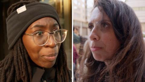 Splitscreen. Left, a woman with glasses speaks to camera. Right, a woman without glasses.