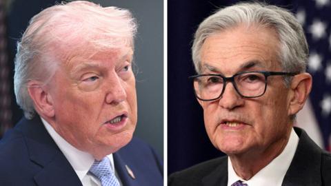 A picture split in two. on the left, Trump wears a blue suit and looks to his left. On the right, Powell wears a black suit and black glasses. Both men look serious.
