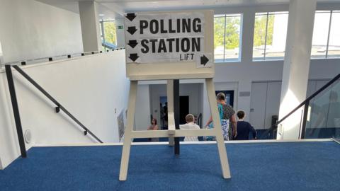 Polling station sign at the front of a staircase in a white painted building.