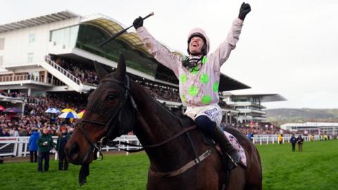 Jockey Paul Townend sits astride Gaelic Warrior with his arms raised in celebration in the moments after winning the coveted Gold Cup. Gaelic Worrier is a bay thoroughbred, while Townend wears white silks with fluorescent green dots.