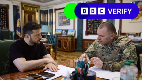 Ukrainian President Volodymyr Zelensky speaks with the Head of the Security Service (SBU) Vasyl Maliuk, who was reporting on the operation against Russian airbases