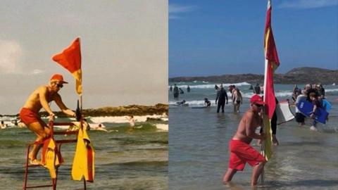 There are two photos of Martin White taken of him in the same place, 30 years apart. In the photo on the left, Martin is stood on a chair in the sea with a yellow and red flag. In the photo on the right, the more recent one, Martin is moving a flag in the sea. He is wearing a red hat in both images, and red shorts. There are people in the water in both photos.