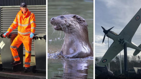 The image on the left is of a refuse collector stood between two black bins, the image in the centre shows on otter in a river in West Yorkshire and the third image on the right is of a World War Two plane at Eden Camp near Malton.