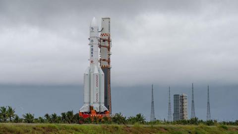 The Chang'e-7 lunar probe and the Long March-5 Y14 carrier rocket sits vertically on the launching area at the Wenchang Spacecraft Launch Site 