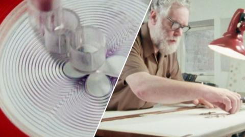 A close-up of a Spirograph and an inventor at their desk.