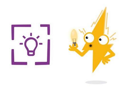 Cartoon image of an electrical spark - it has a face and arms and is holding a light bulb.