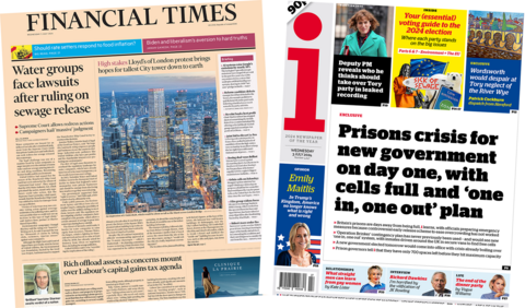 The headline in the Financial Times reads, "Water groups face lawsuits after ruling on sewage release", while the headline in the i reads, "Prisons crisis for new government on day one, with cells full and 'one in, one out' plan".