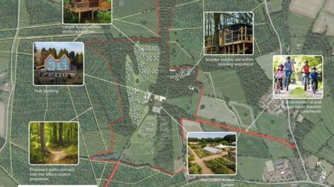 A map of the proposed development site. Arrows show where features of the park will be built, including, the central hub, lodges, a buggy route, a walled garden, and forest paths.