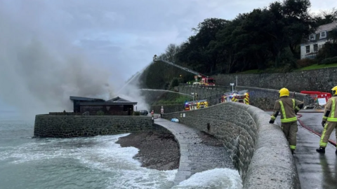 Fire crews tackling the blaze at the Octopus Restaurant in Guernsey in February 2024