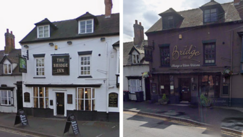 A composite image showing two pictures of the same pub, one painted white with black features and a square sign reading The Bridge Inn in gold on black; the second painted a deep brown with the pub name written in script across the front. 